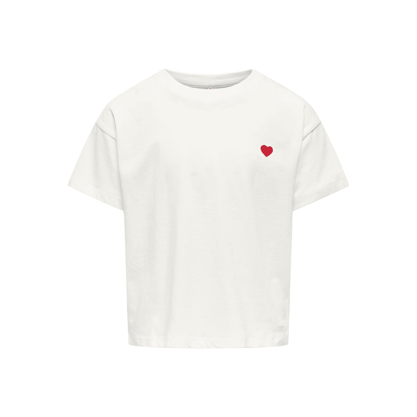 Packshot d'un t-shirt cropped blanc pour fille avec broderie cœur rouge sur la poitrine, col rond et