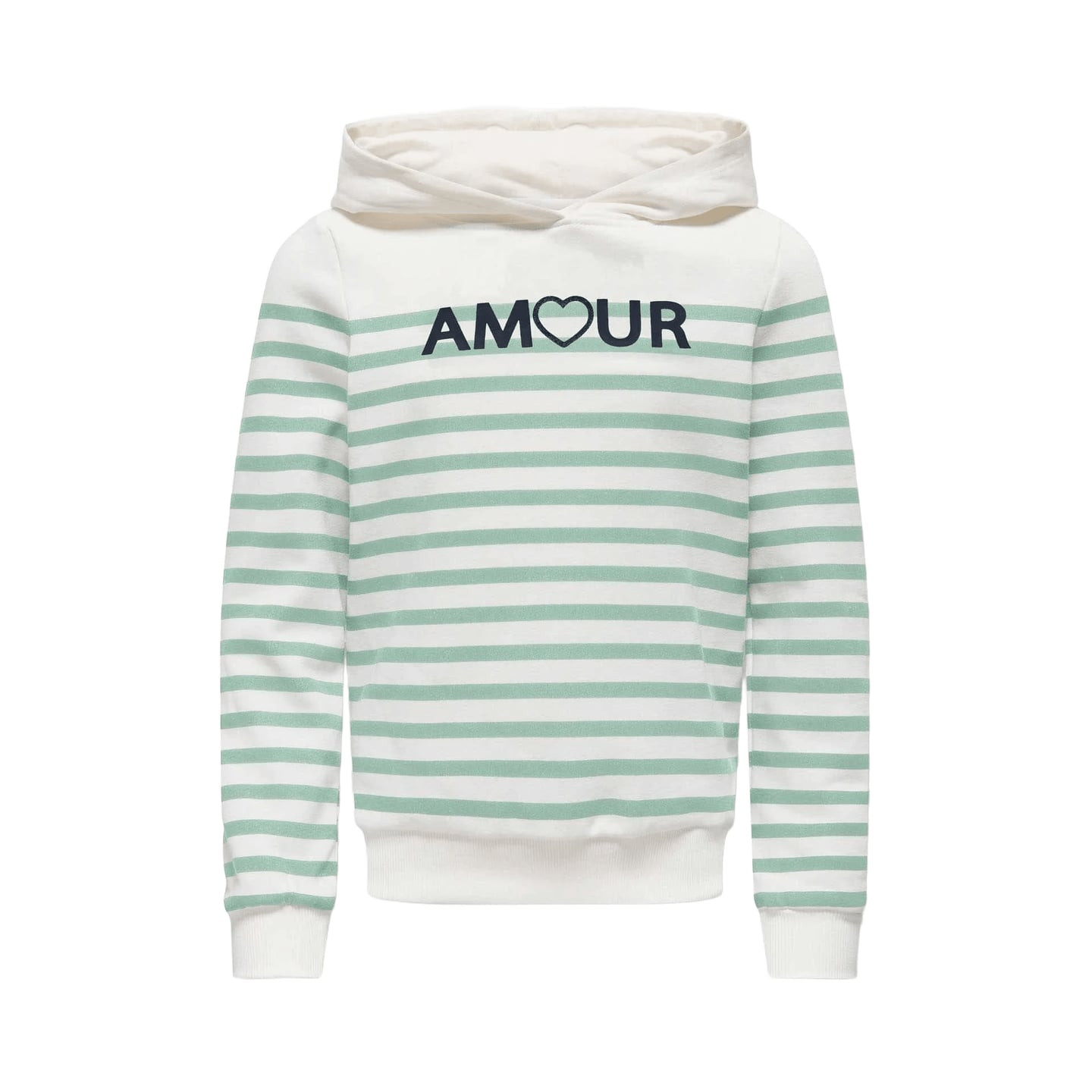 Vue de face du sweat à capuche rayé marine et blanc pour fille KIDS ONLY 2011517 avec capuche et man