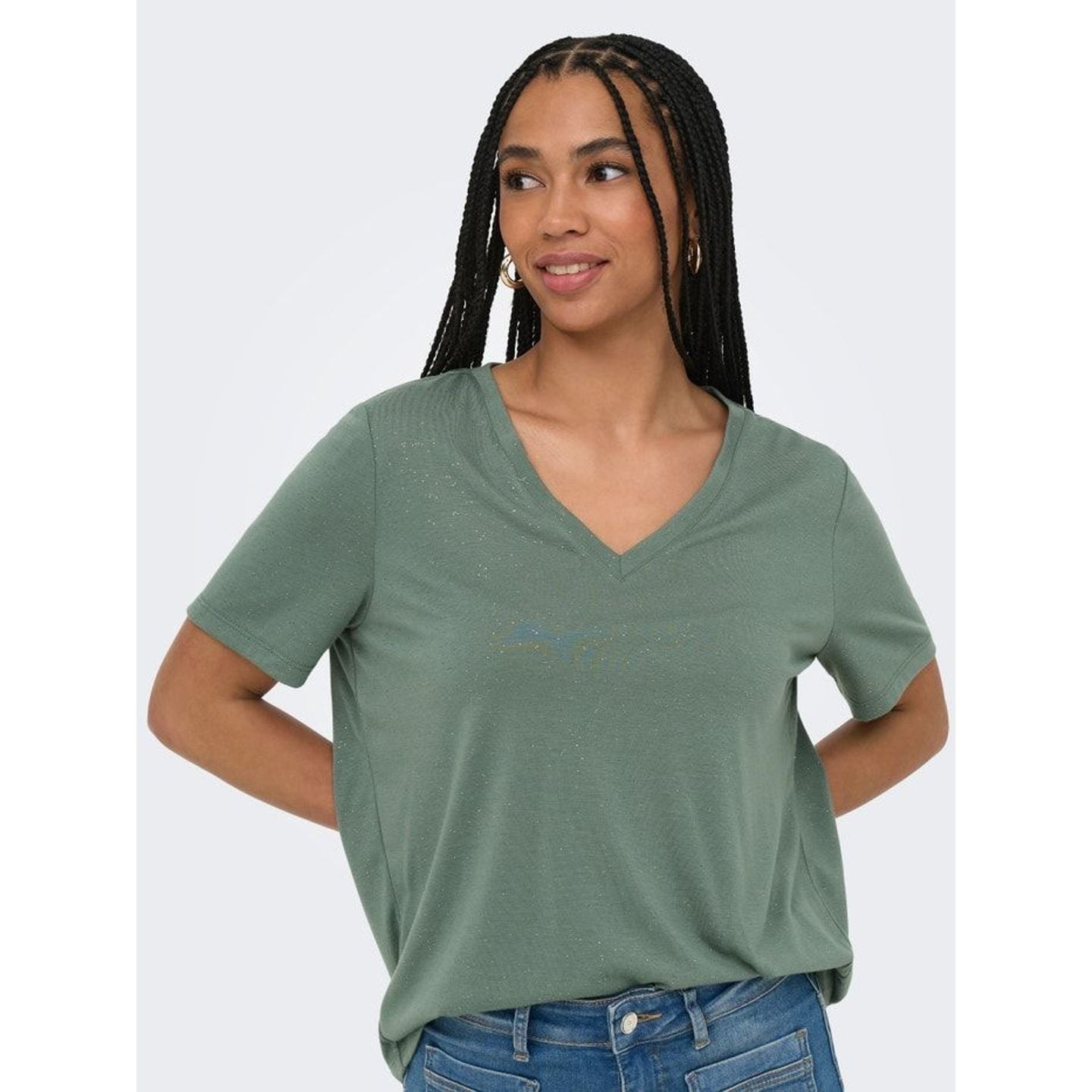 Haut ONLY à col en V manches courtes Onlkia pailleté femme en style décontracté