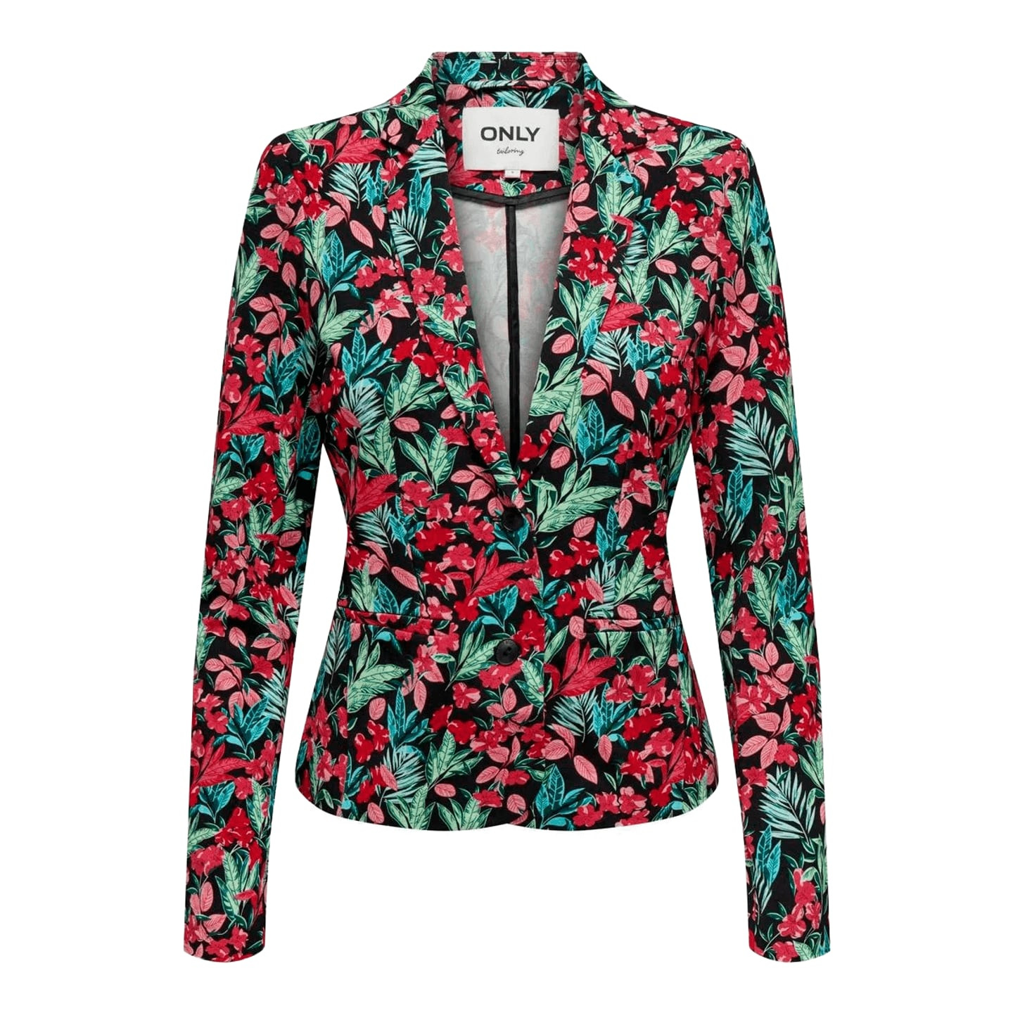 Vue de face du blazer noir à imprimé intégral ONLY avec col cranté et fermeture à boutons.