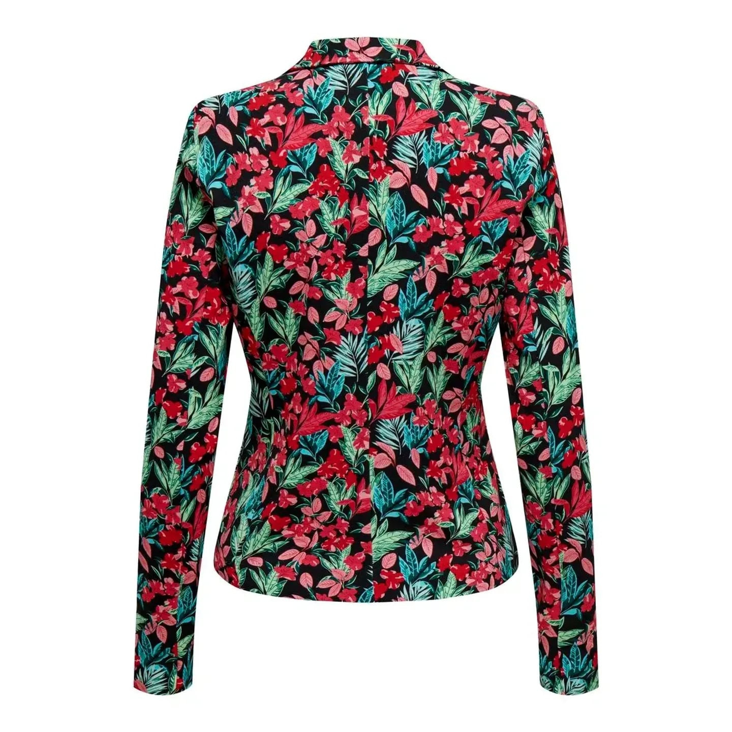 Vue arrière du blazer noir ONLY à imprimé intégral montrant le motif et la longueur midi.