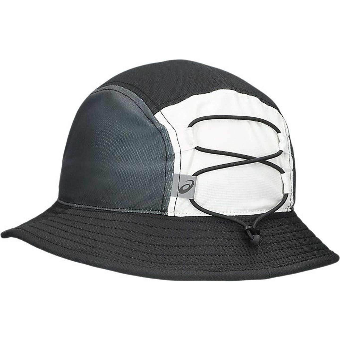 Vue latérale du chapeau bucket ASICS avec large bord et mesh évacuant l'humidité pour un confort en 