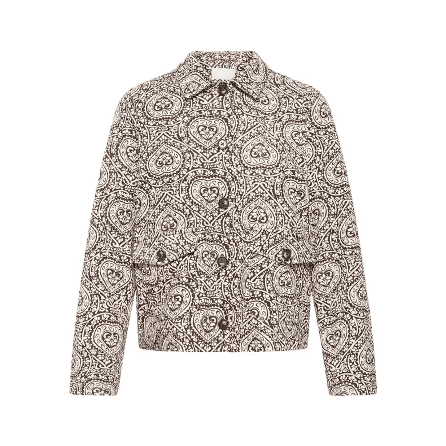 ICHI 2071596 IHKATE PRINT JA2 cardigan en maille marron pour femme, vue de face avec imprimé all-ove
