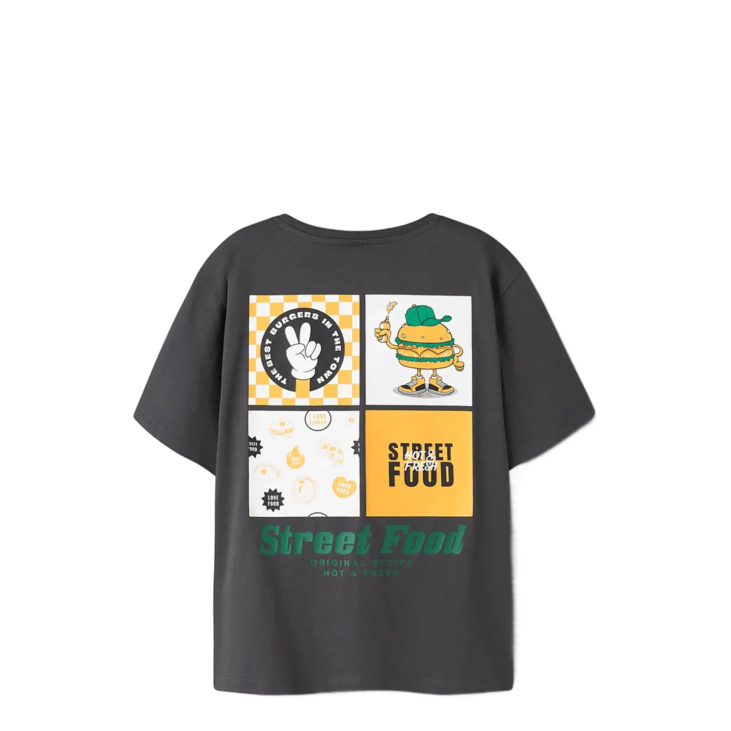 NAME IT NKMOLAFF T-shirt enfant, vue arrière avec grand imprimé hamburger, carrés graphiques et text