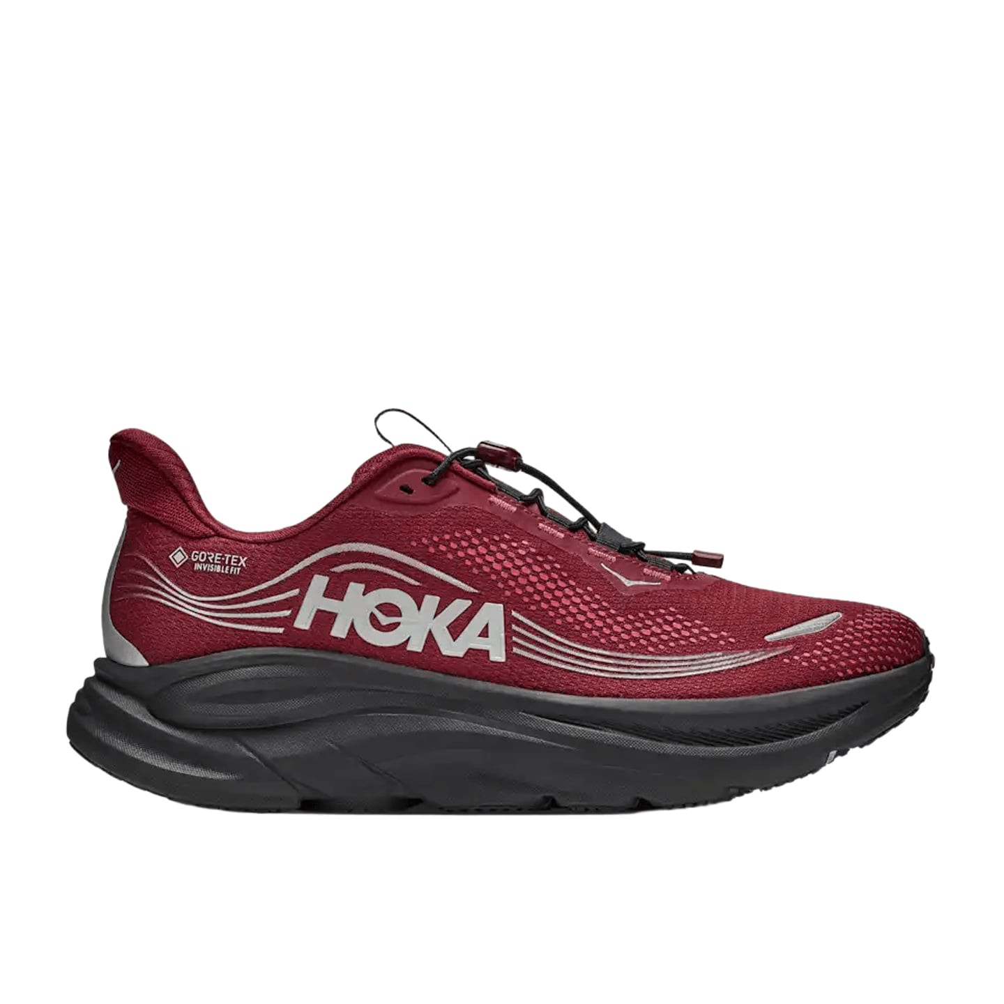 Vue latérale de la chaussure de running imperméable HOKA Clifton 11 GTX, design noir et argent avec 