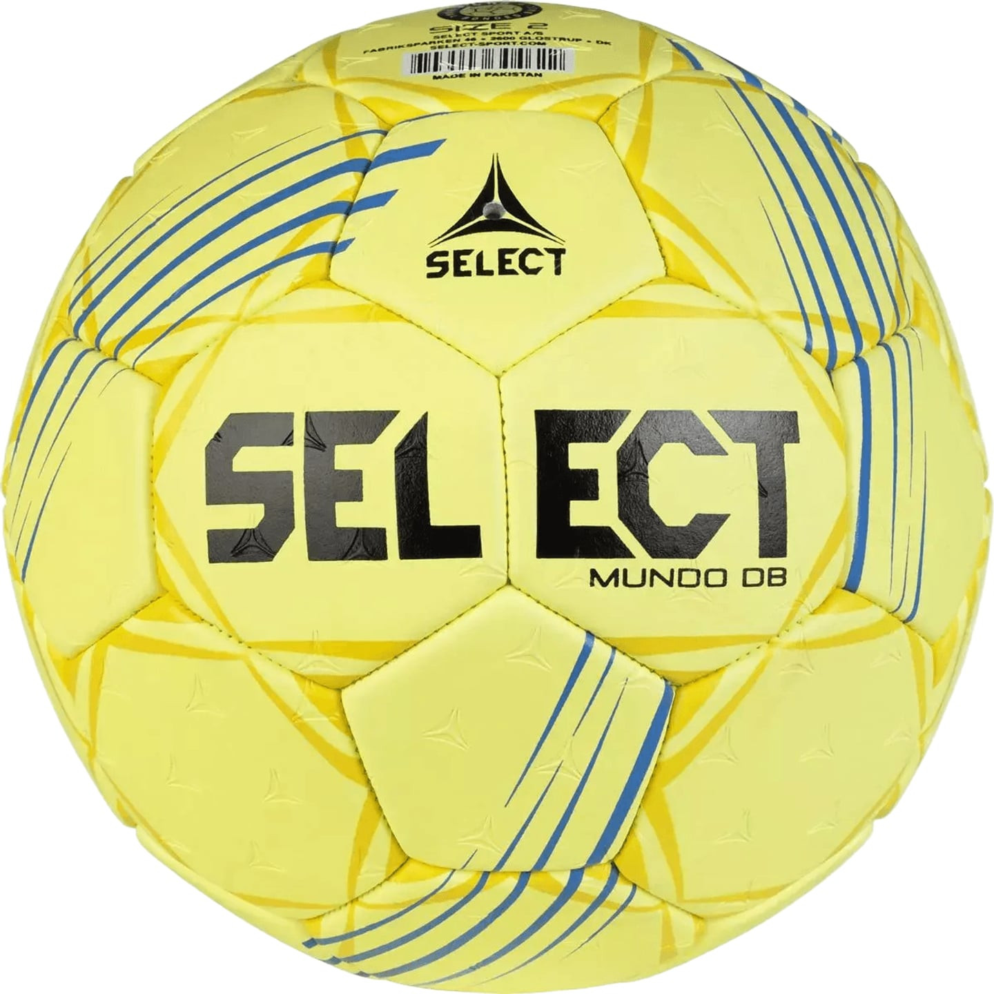 Ballon de handball Select Mundo DB V24 bleu et rouge avec panneaux blancs, posé sur une surface plan