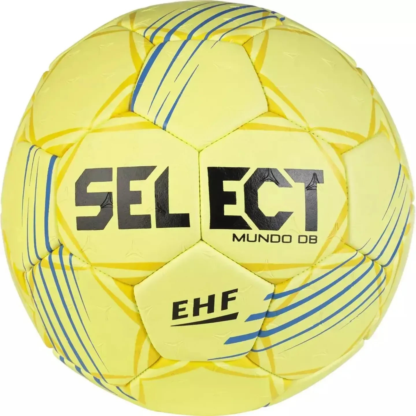 Gros plan sur le ballon de handball Select Mundo DB V24 : surface microfibre texturée et coutures Du