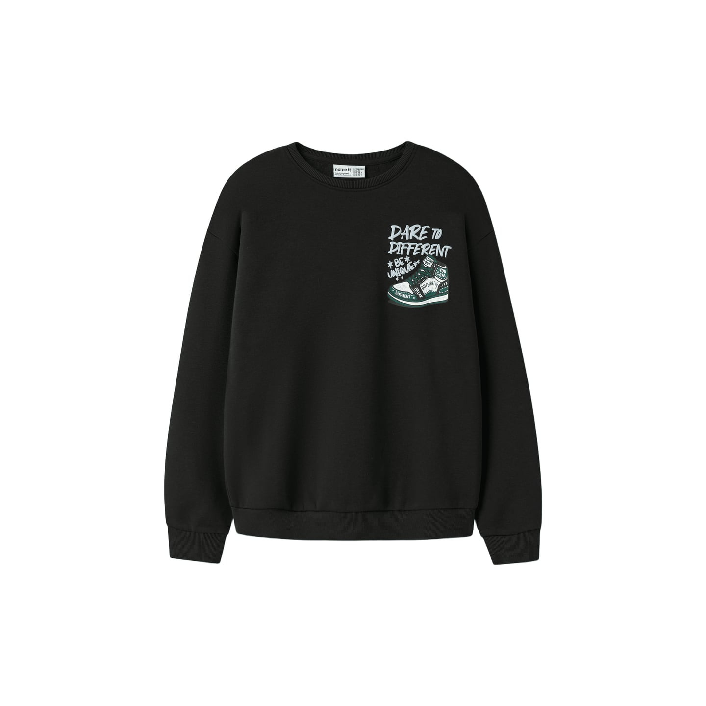 Sweat-shirt garçon NAME IT NKMNEO LS RLX SWE BRU PS, coupe décontractée, vue de face avec imprimé.