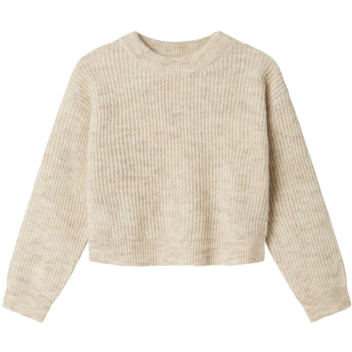 Name It 2071526 pull en tricot beige clair, vue de face, coupe boxy courte, col rond.