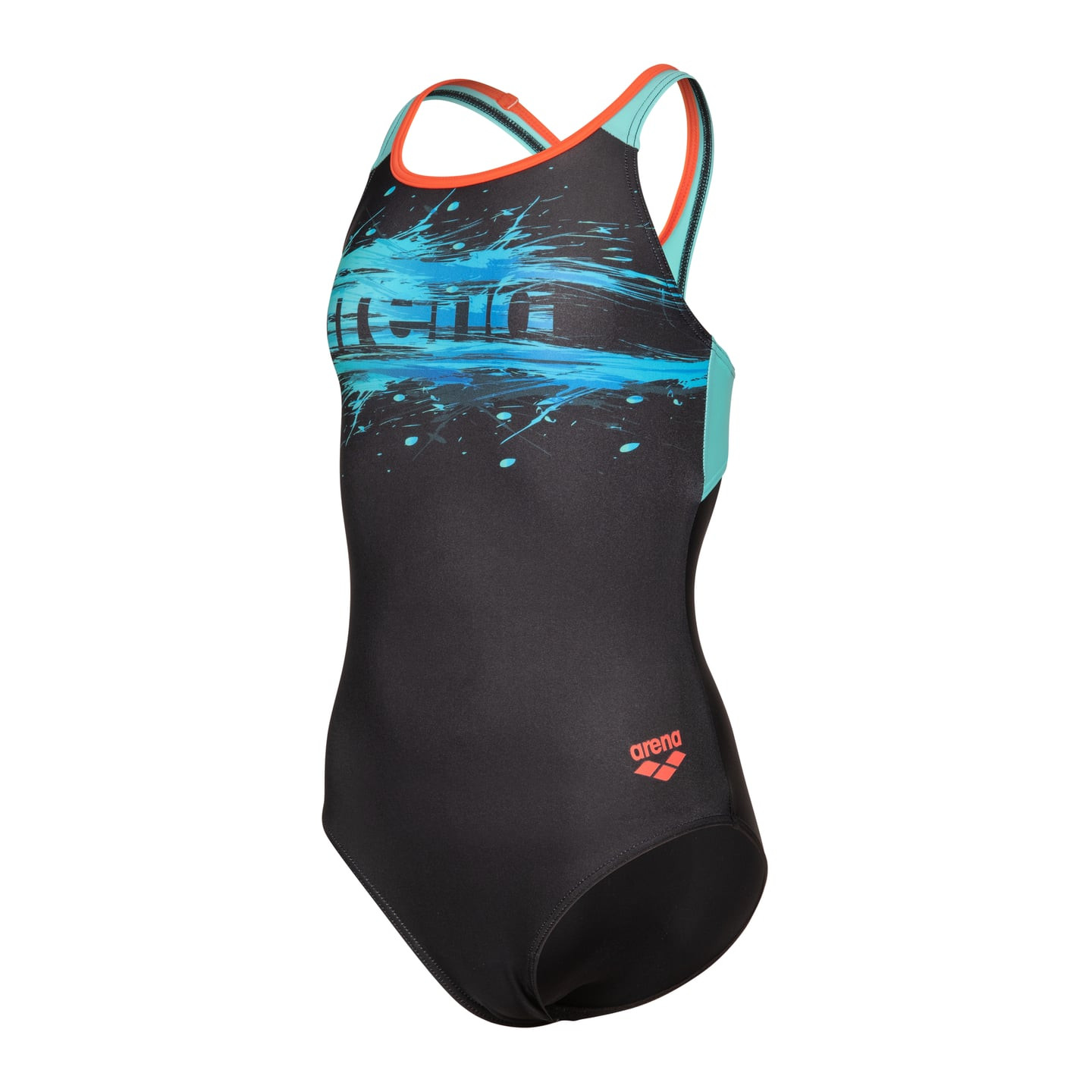 Maillot de bain fille ARENA Paint Swim Pro Back en bleu et vert, vue arrière montrant le design.