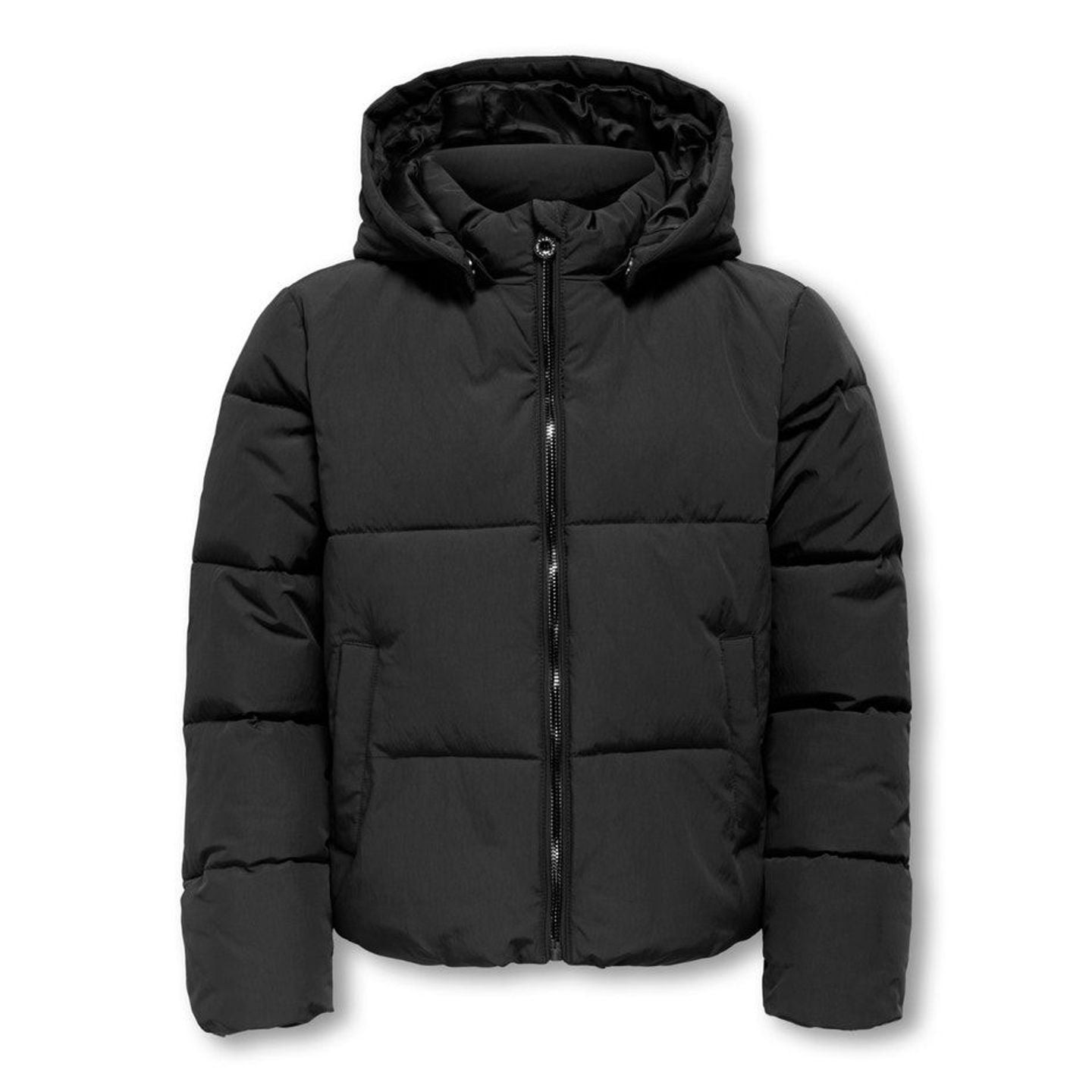 Doudoune courte KOGDOLLY Kids Only pour filles - vue de face noire avec col montant et matelassage.