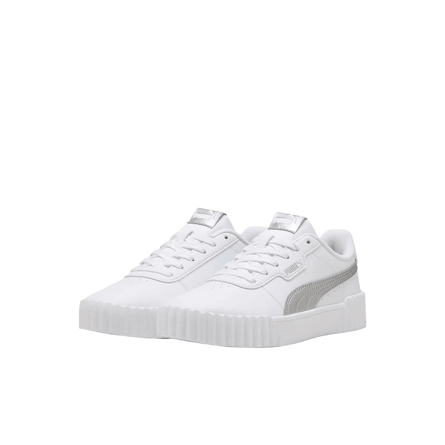 Sneakers PUMA Carina 3.0 Metallic Glam pour femme, cuir blanc avec accents métalliques, vue 3/4 prof