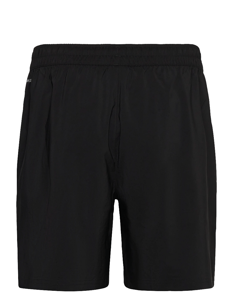 Back packshot of PUMA Foundations Training Shorts in Black, highlighting fit and above-knee length.
