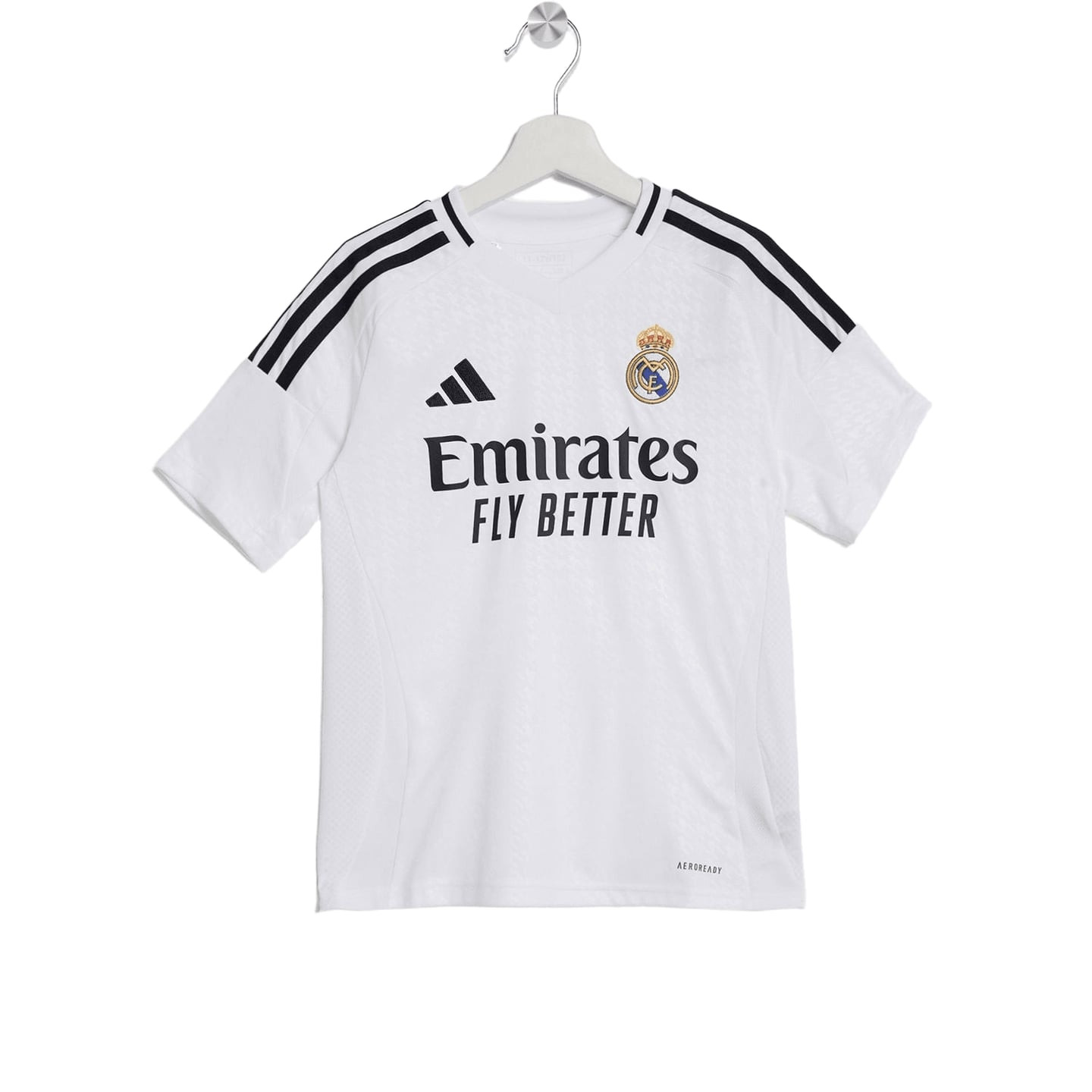 Maillot junior Real Madrid Adidas vu de dos, blanc uni avec col rouge et logo Adidas à la nuque.