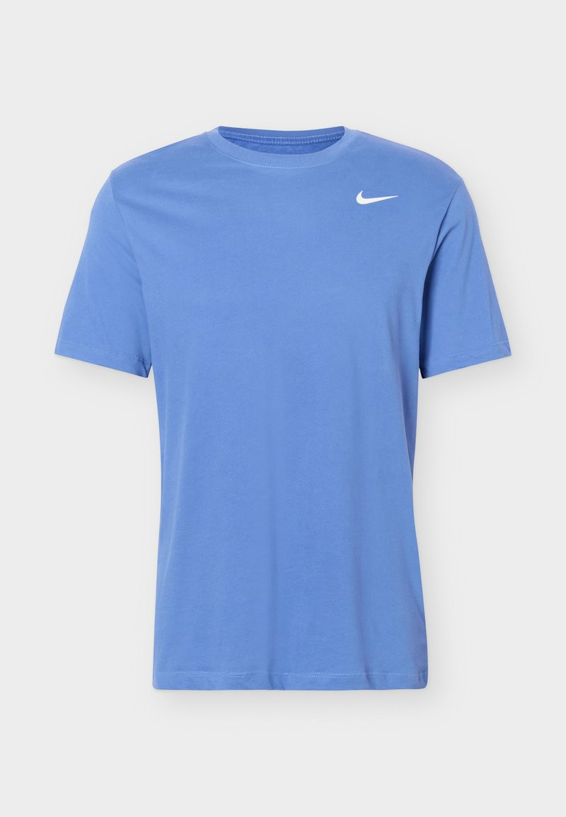 Blue Nike Dri-FIT men's crew neck t-shirt flat packshot, front view with white Swoosh logo on the ch