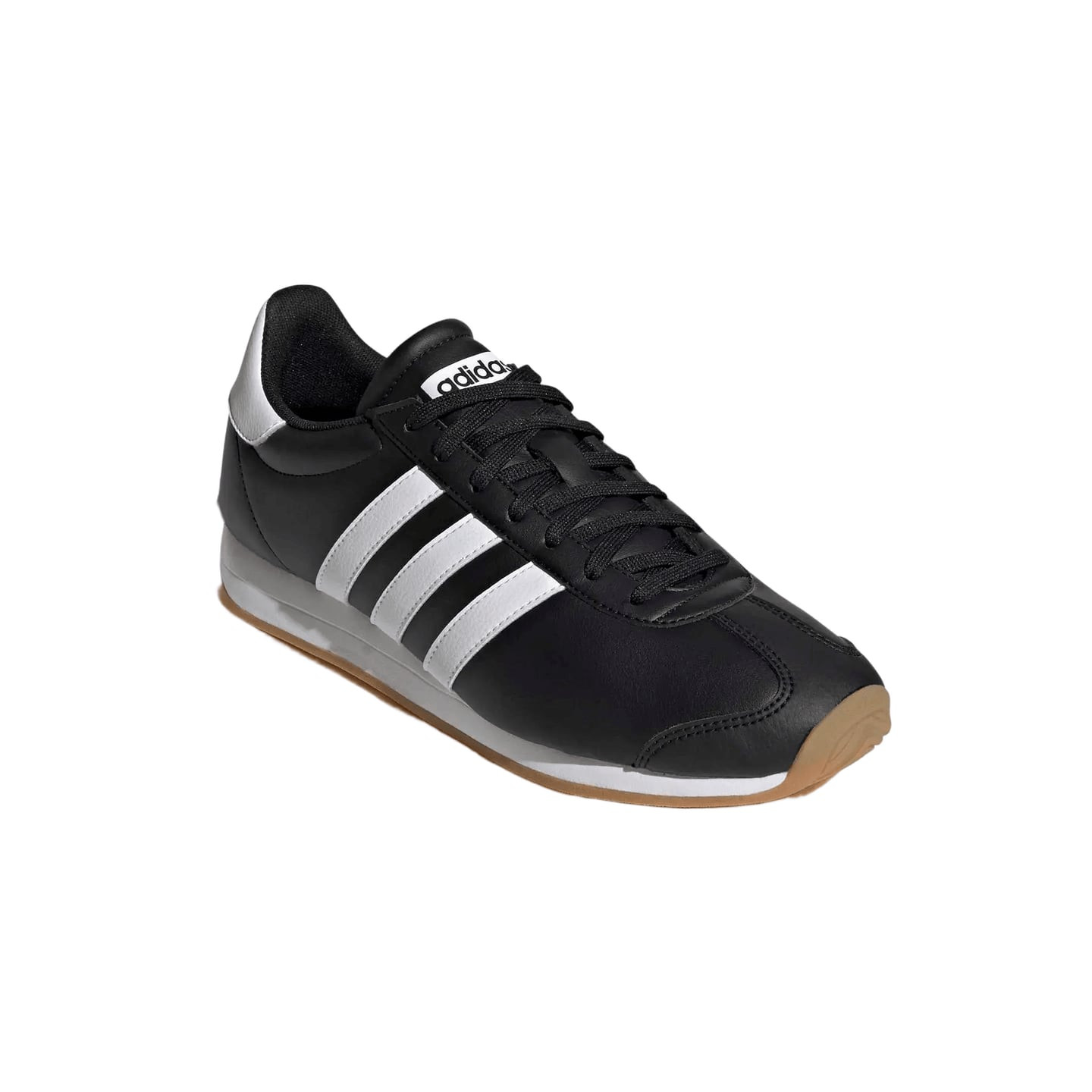 Baskets de running adidas Runvista rétro noir et blanc, vue de profil incliné sur fond blanc