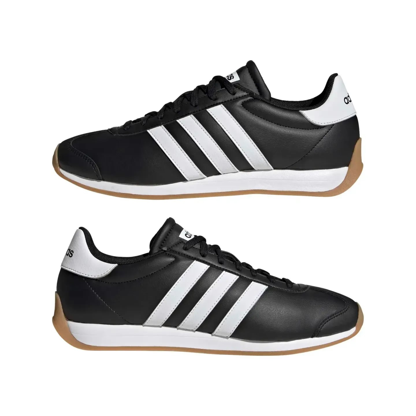 Paire de baskets adidas Runvista noires avec 3 bandes blanches et semelles en gomme, vue de profil