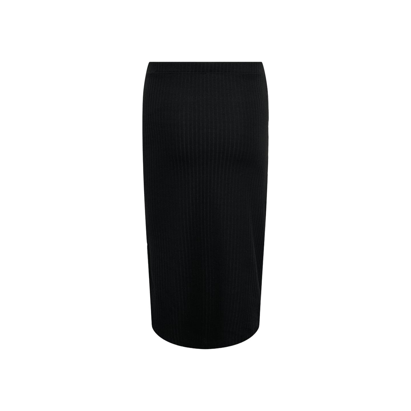Jupe midi noire en maille côtelée pour filles avec fente latérale, à plat sur fond blanc.