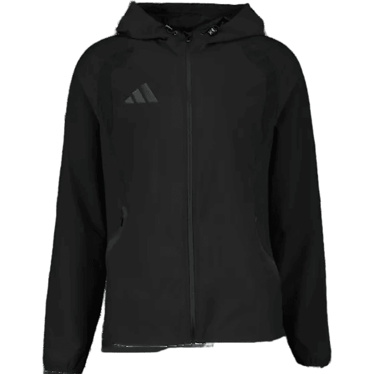 Veste coupe-vent Adidas TT WB noire avec capuche, zip intégral, poches latérales et logo Adidas sur 