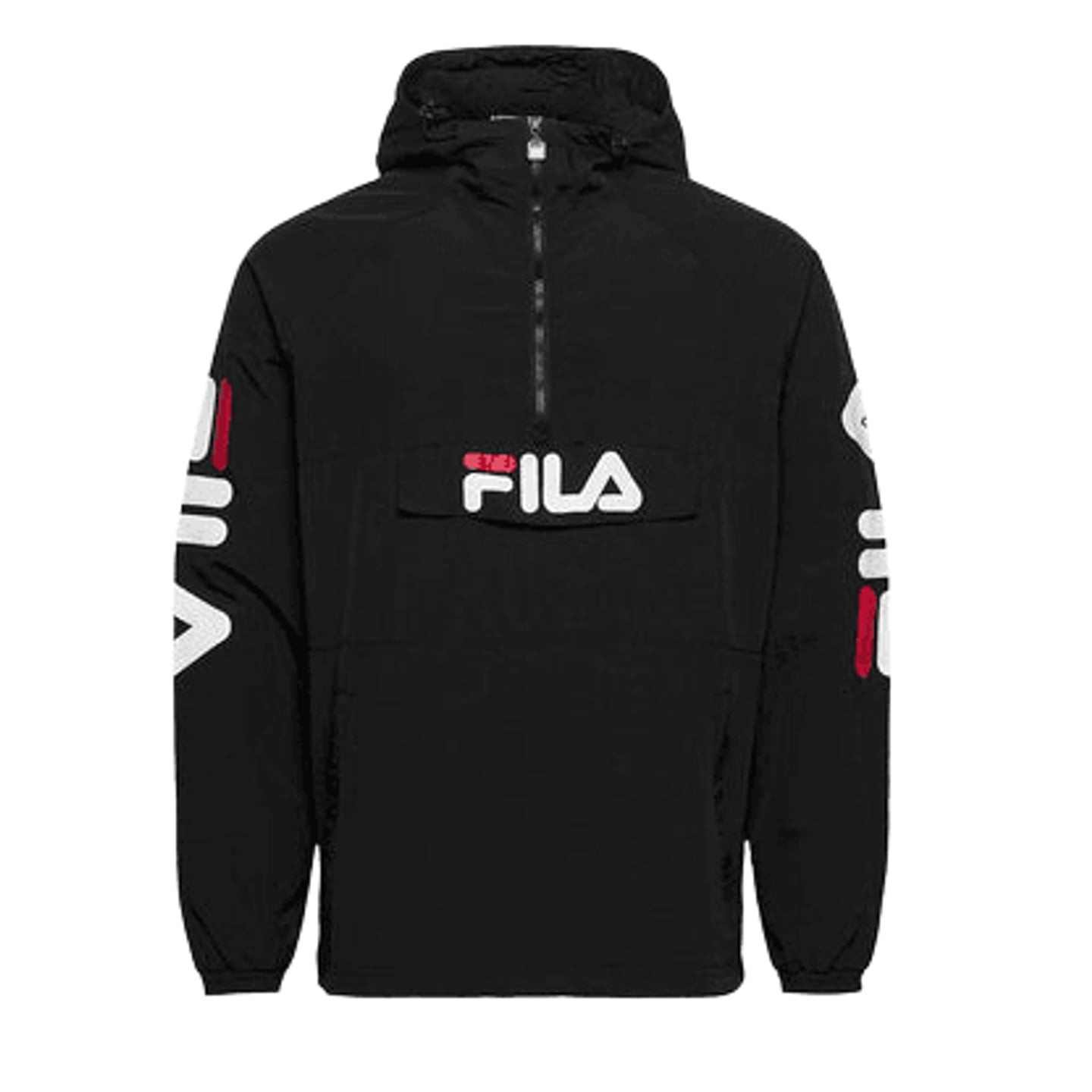Anorak tissé FILA Ladislaus homme noir à capuche, demi-zip, grand logo FILA blanc sur la poitrine et