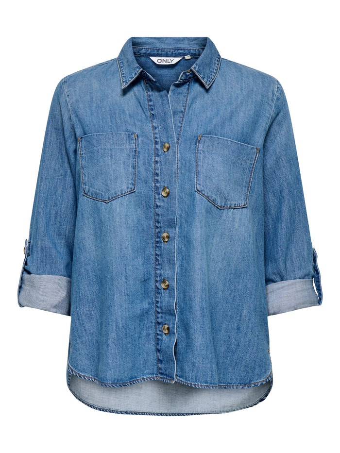 ONLYASMIN women's blue denim shirt, front view with twin chest pockets, gold buttons and rolled cuff