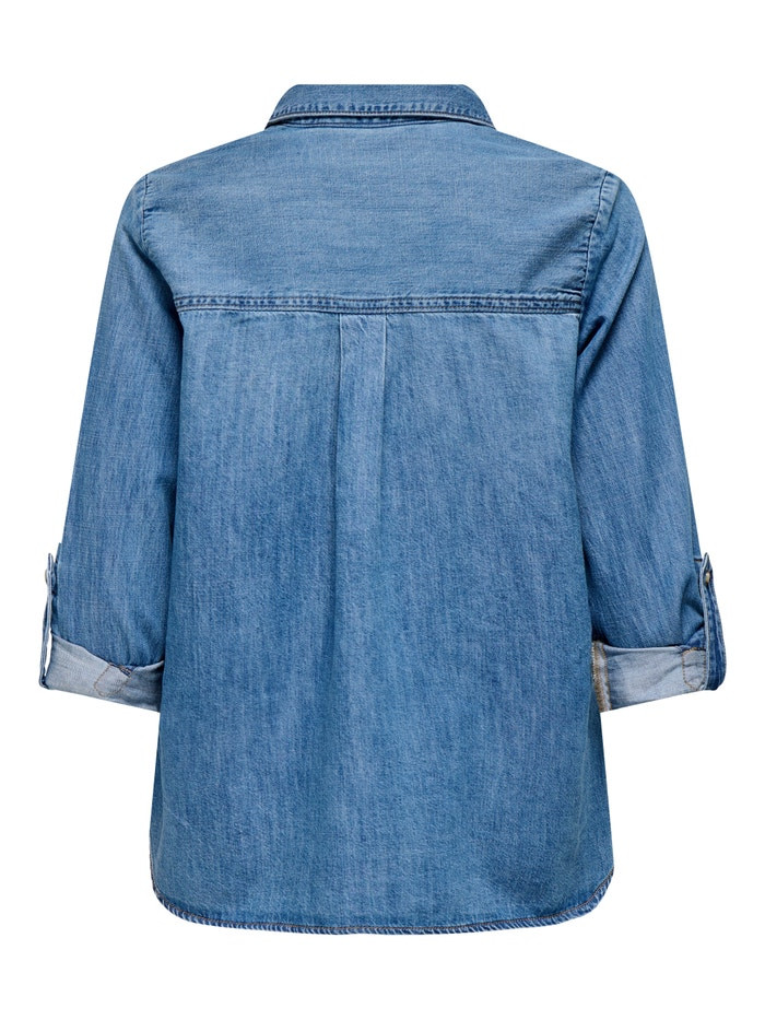 Back view of ONLYASMIN blue denim shirt showing back yoke, box pleat and rolled-up sleeve cuffs