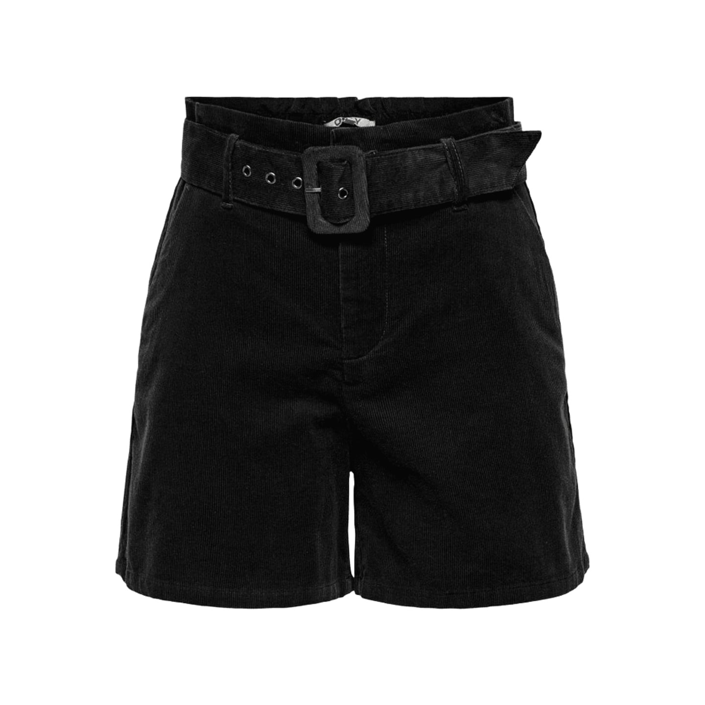 Packshot avant du short ONLY ONLNESSA noir en velours côtelé taille haute avec ceinture en tissu ass