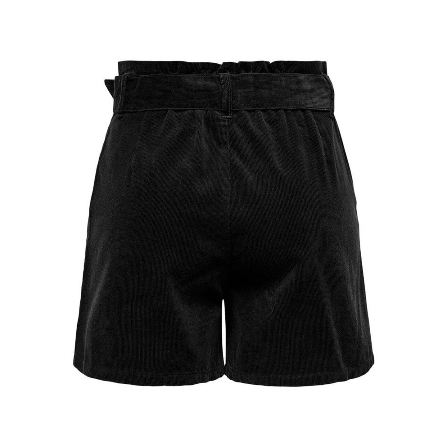 Vue arrière du short ONLY ONLNESSA en velours côtelé noir avec taille élastique froncée et ceinture 