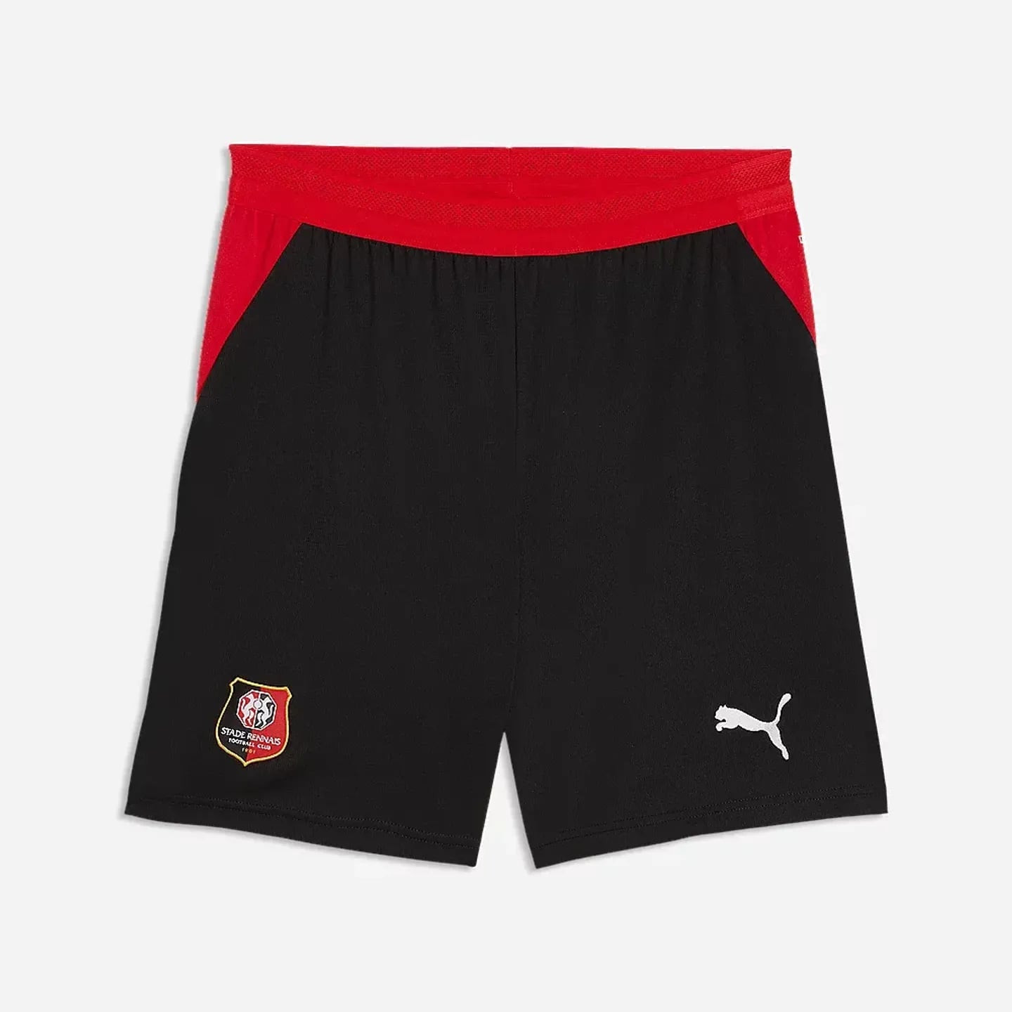 Vue de face du short de football PUMA SRFC Replica noir avec ceinture rouge, écusson Stade Rennais e