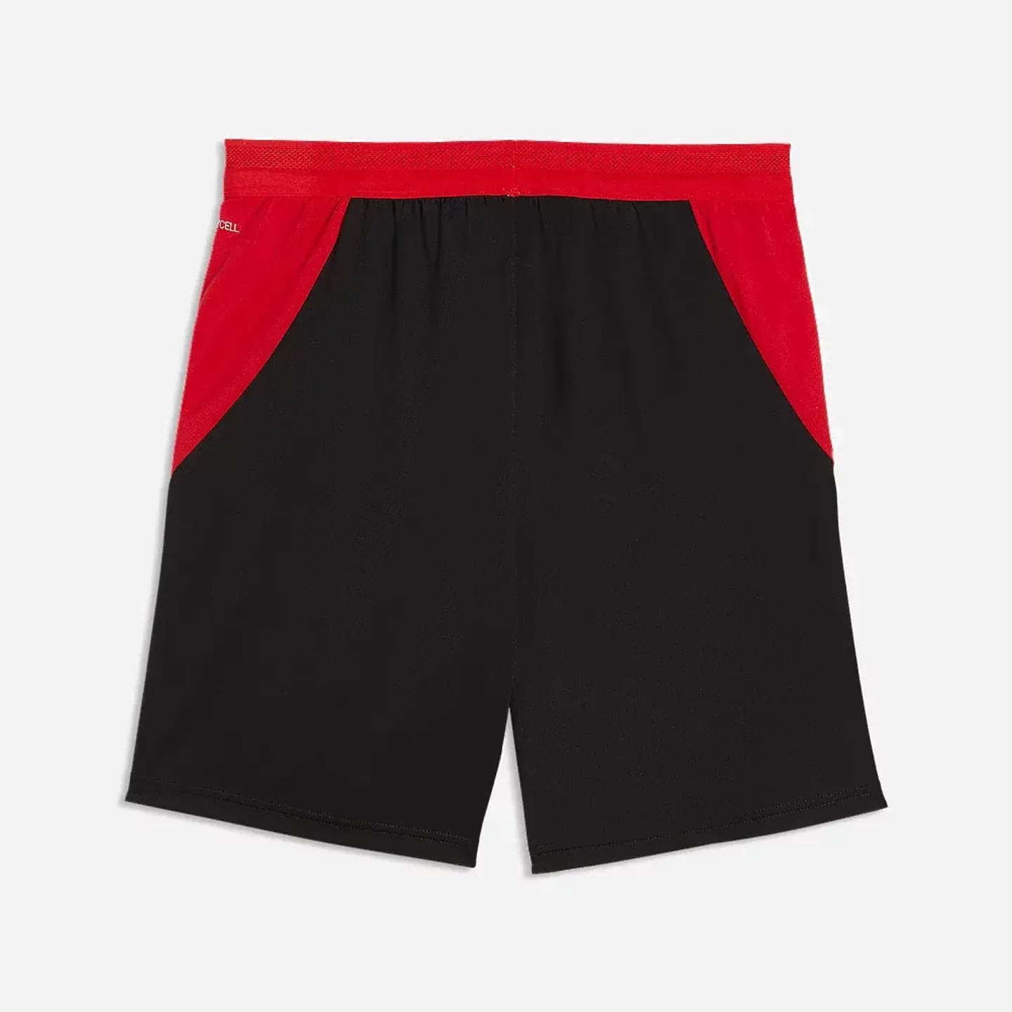 Vue arrière du short PUMA SRFC Réplica noir, ceinture à panneaux rouges et taille élastiquée