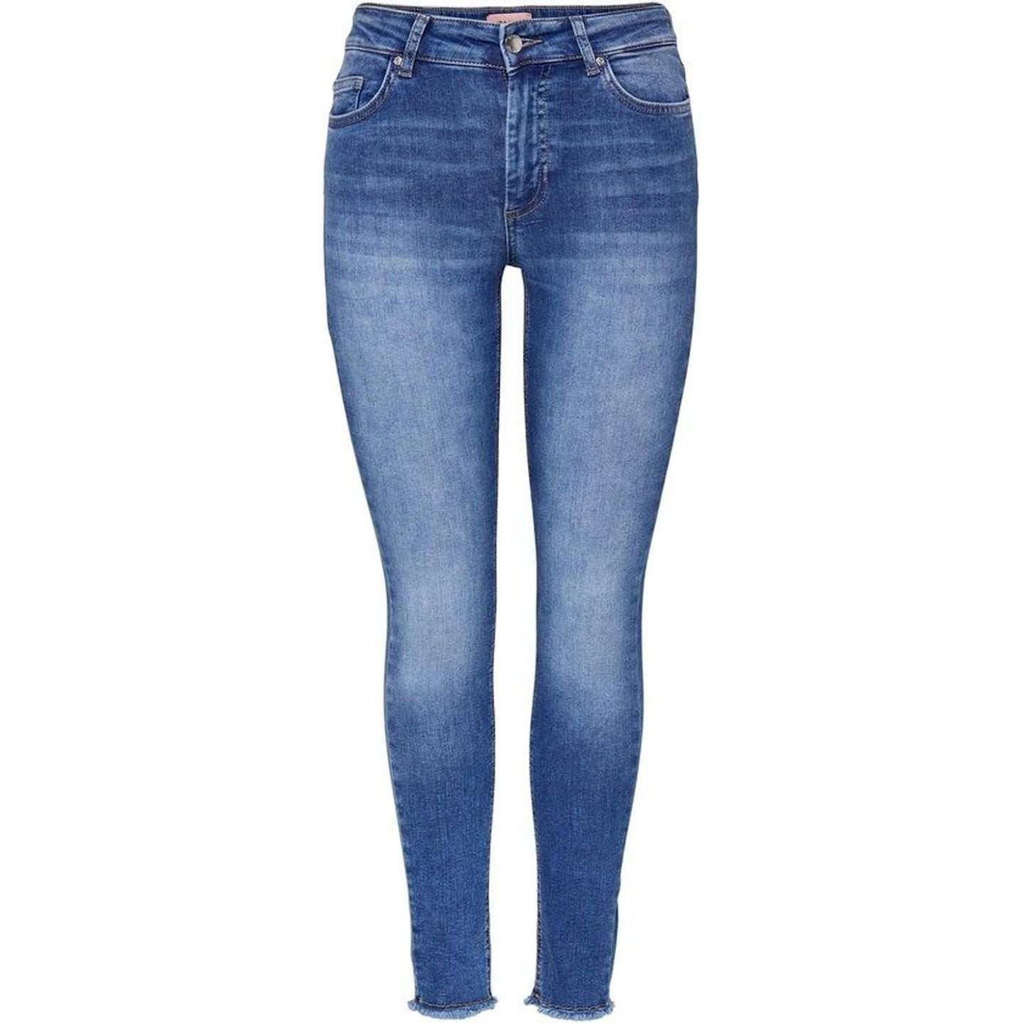 Packshot avant du jean skinny taille mi-haute ONLY en denim stretch bleu avec ourlets bruts effiloch