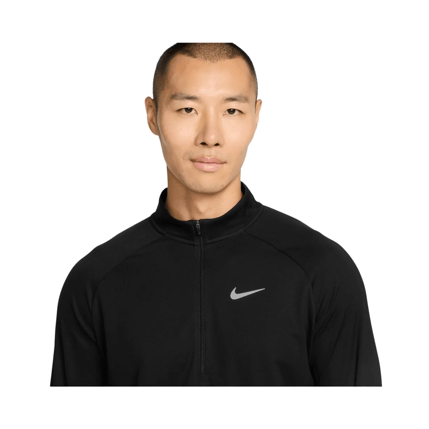 Gros plan d'un modèle portant le haut de running Nike Miler Dri-FIT UV demi-zip noir