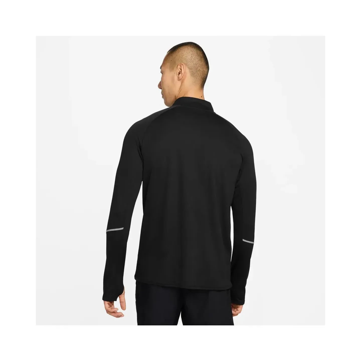 Vue arrière du haut Nike Miler Dri-FIT UV demi-zip noir avec bandes réfléchissantes sur les manches