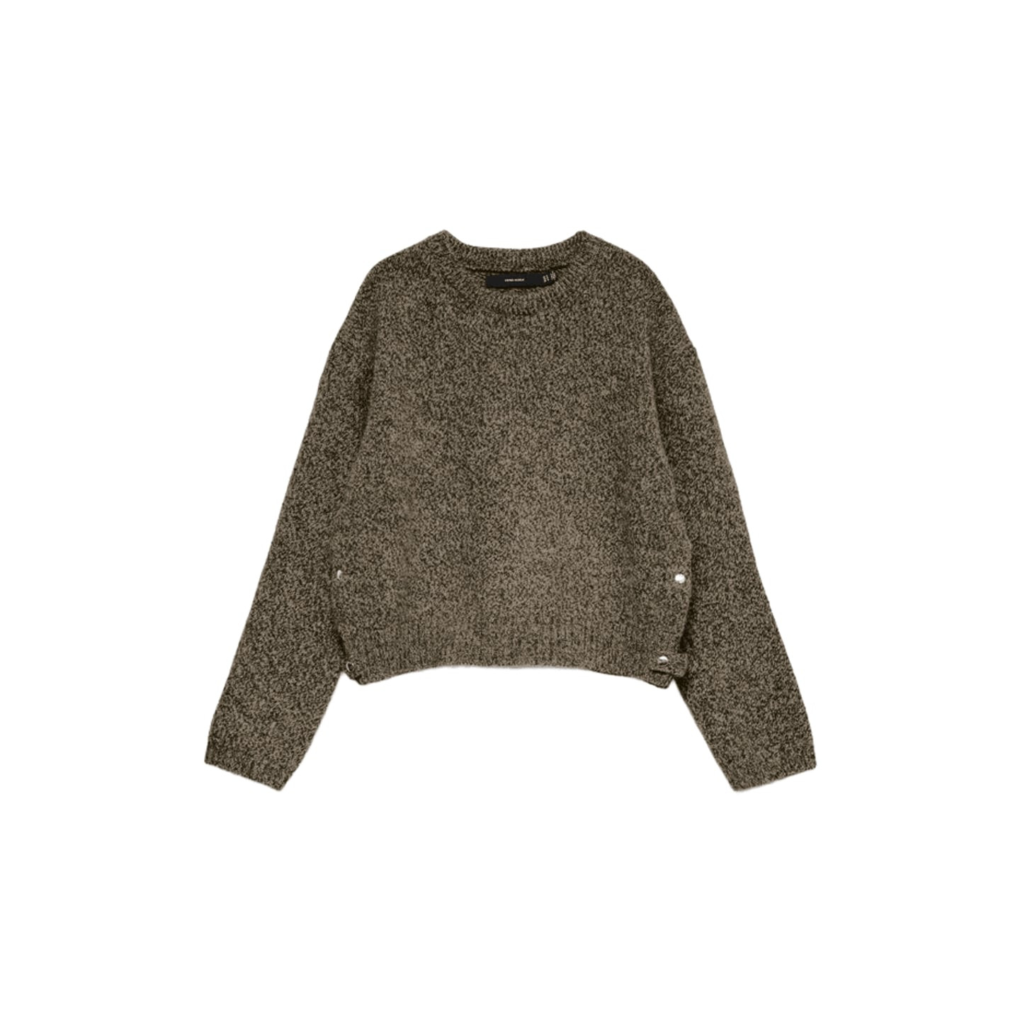 Pull col rond VMSABRA LS de Vero Moda, maille épaisse vert olive chiné, détail boutons sur le côté