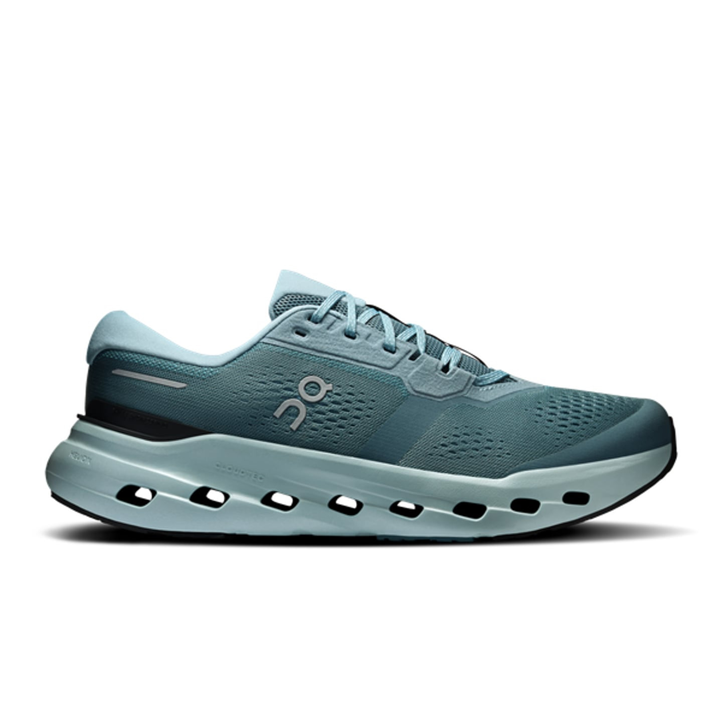 Profil latéral en studio de la chaussure de running On Cloudrunner 3 en bleu canard avec semelle Clo
