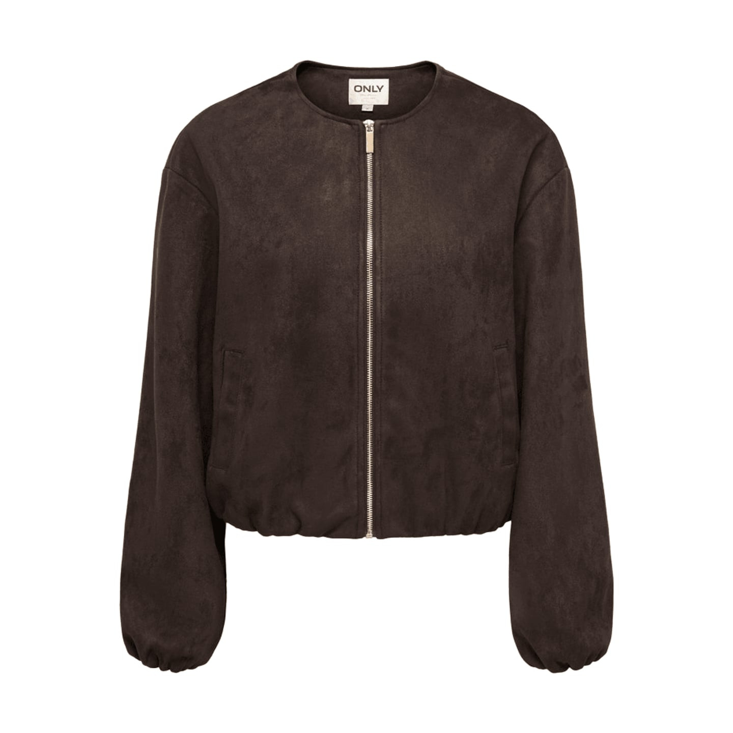 Veste bomber en simili suède marron foncé pour femme, zip doré, col ras du cou et bas élastiqué, vue