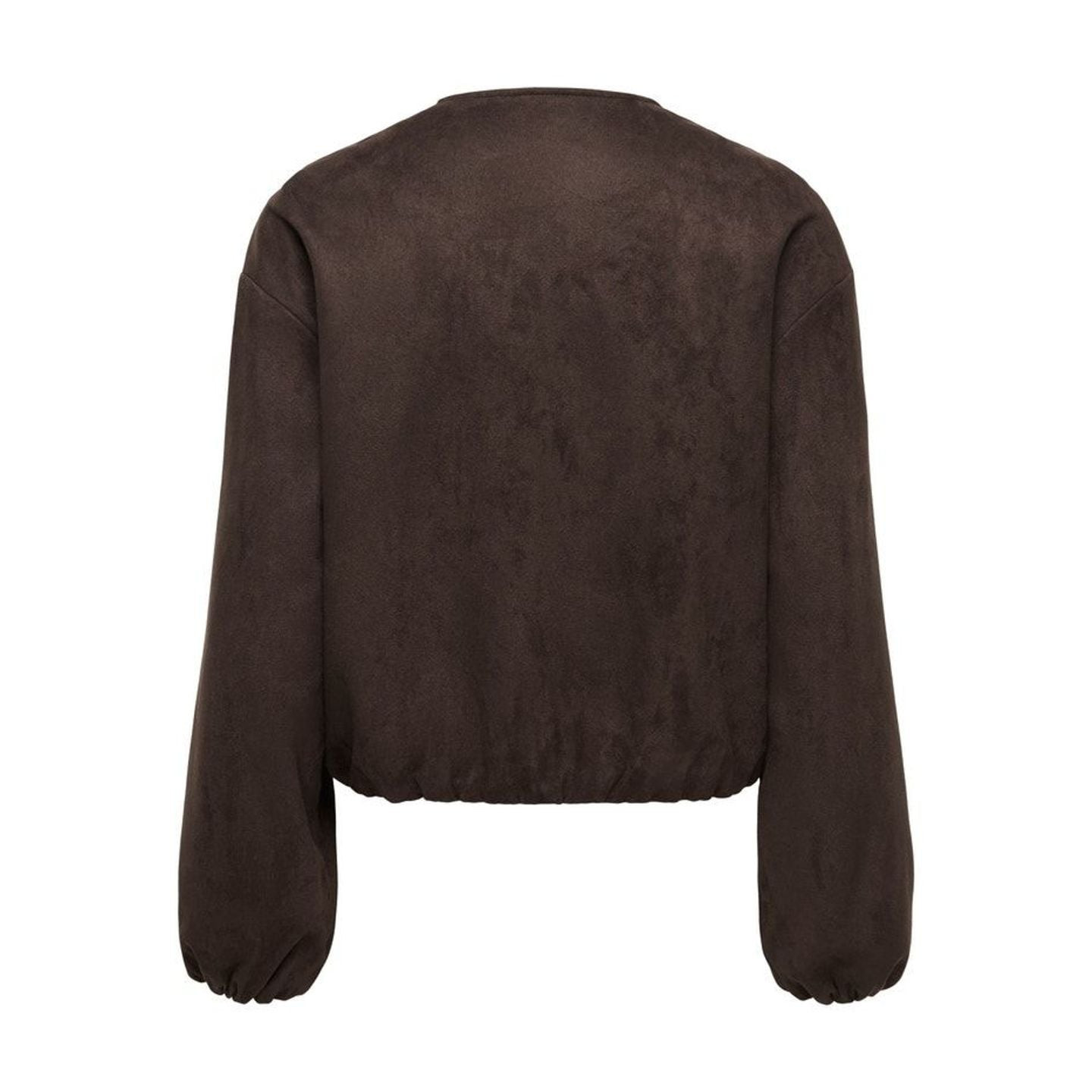 Vue arrière de la veste bomber en simili suède marron foncé, ourlet élastiqué et épaules tombantes