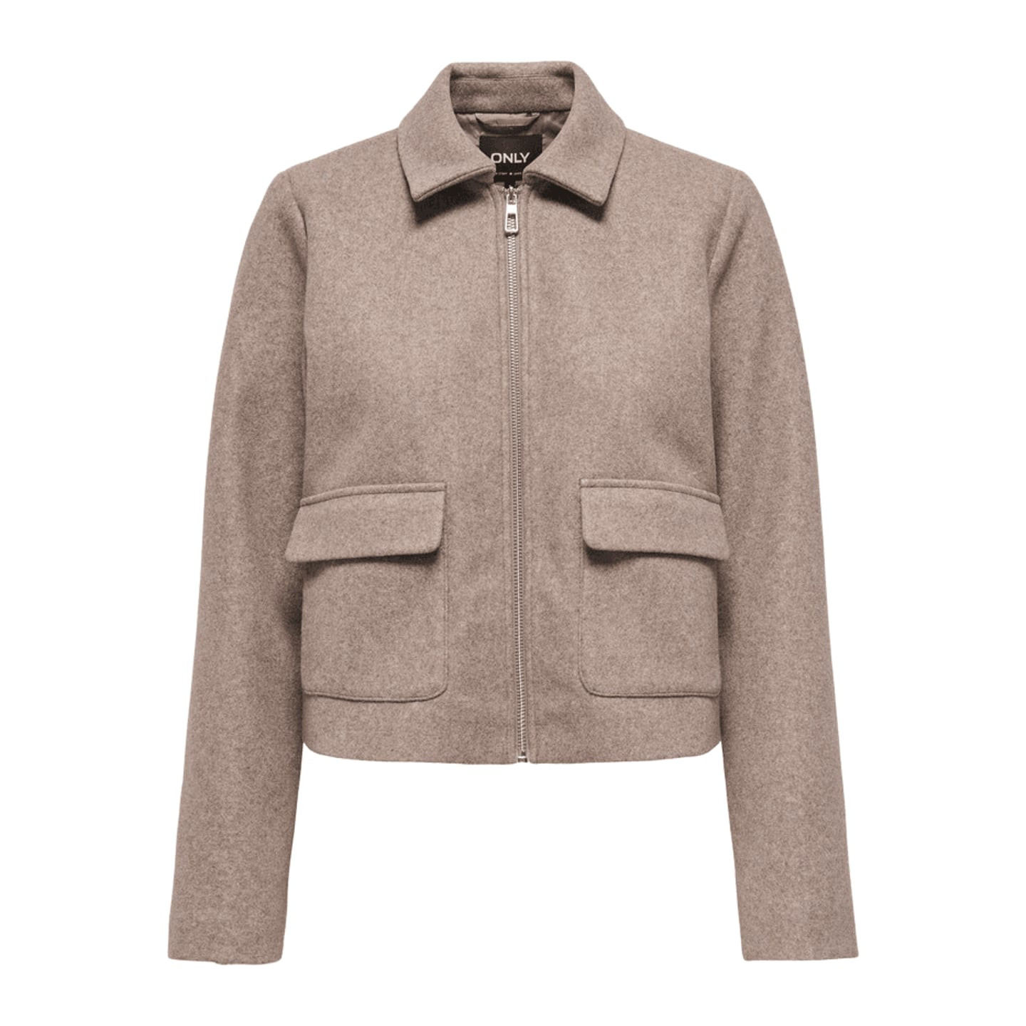 Veste courte zippée ONLVELA beige sable, packshot de face avec col ouvert et deux poches à rabat