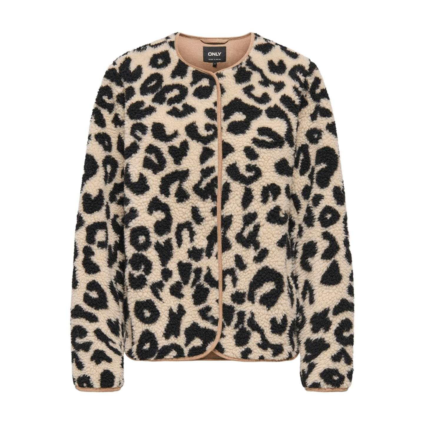 Vue de face de la veste teddy ONLY ONLLONA LIFE en imprimé léopard beige et noir, fausse fourrure