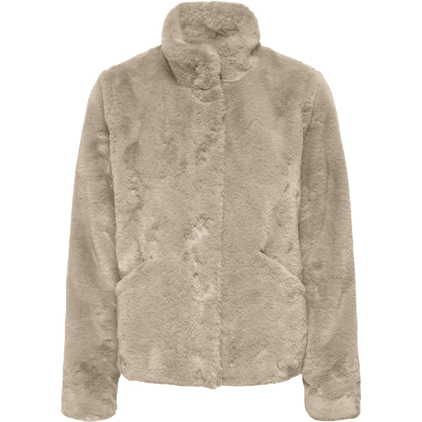 Veste courte en fausse fourrure beige vue de face, col montant, manches longues, boutonnage et poche