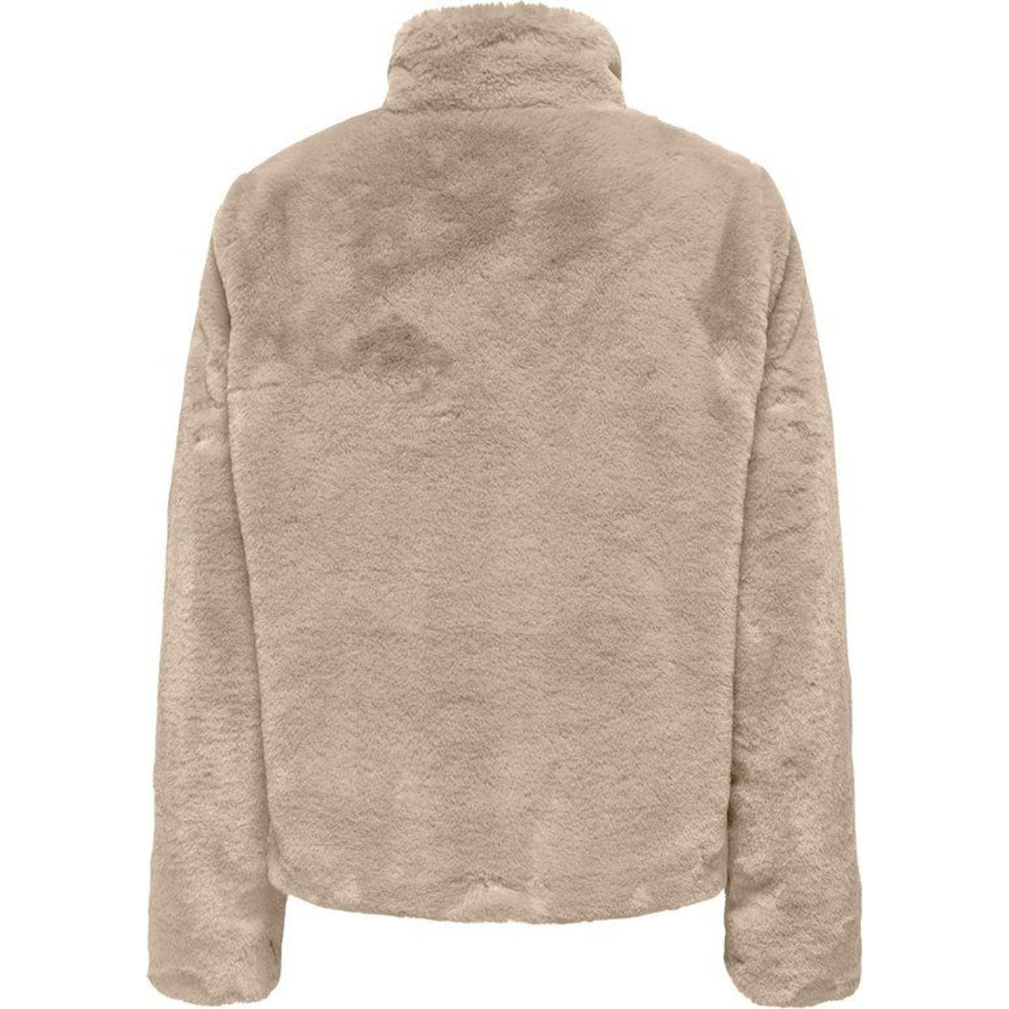 Vue de dos de la veste en fausse fourrure beige montrant le col montant et la texture douce et duvet