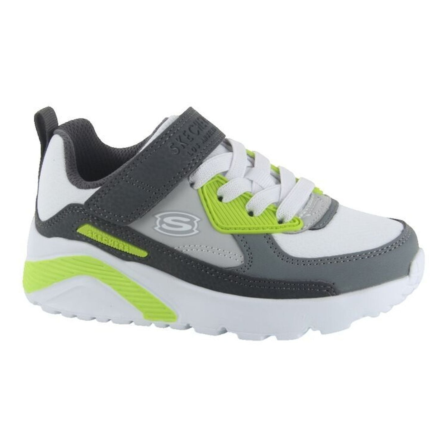 Basket enfant Skechers Uno Lite Revival Edge blanche, grise et vert citron - vue de profil.
