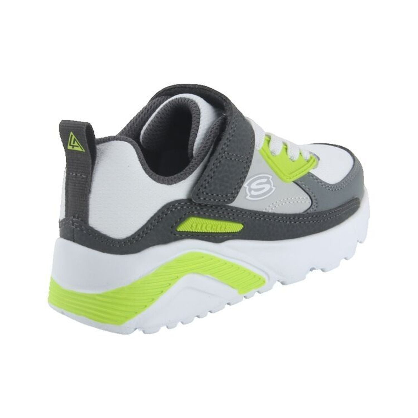 Basket enfant Skechers Uno Lite Revival Edge blanche, grise et vert lime - vue de trois quarts arriè