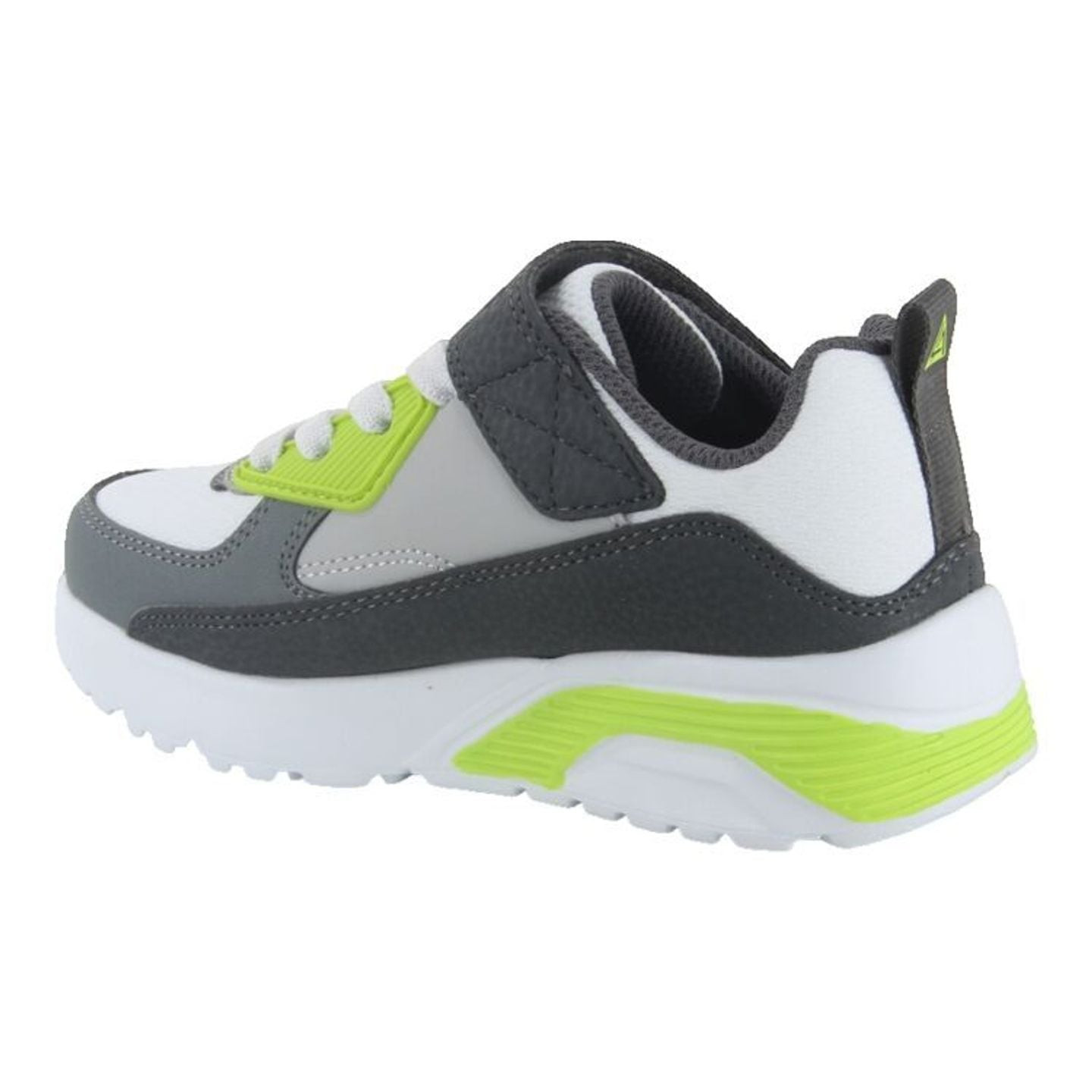 Basket enfant Skechers Uno Lite Revival Edge blanche, grise et vert citron - vue de côté, talon visi