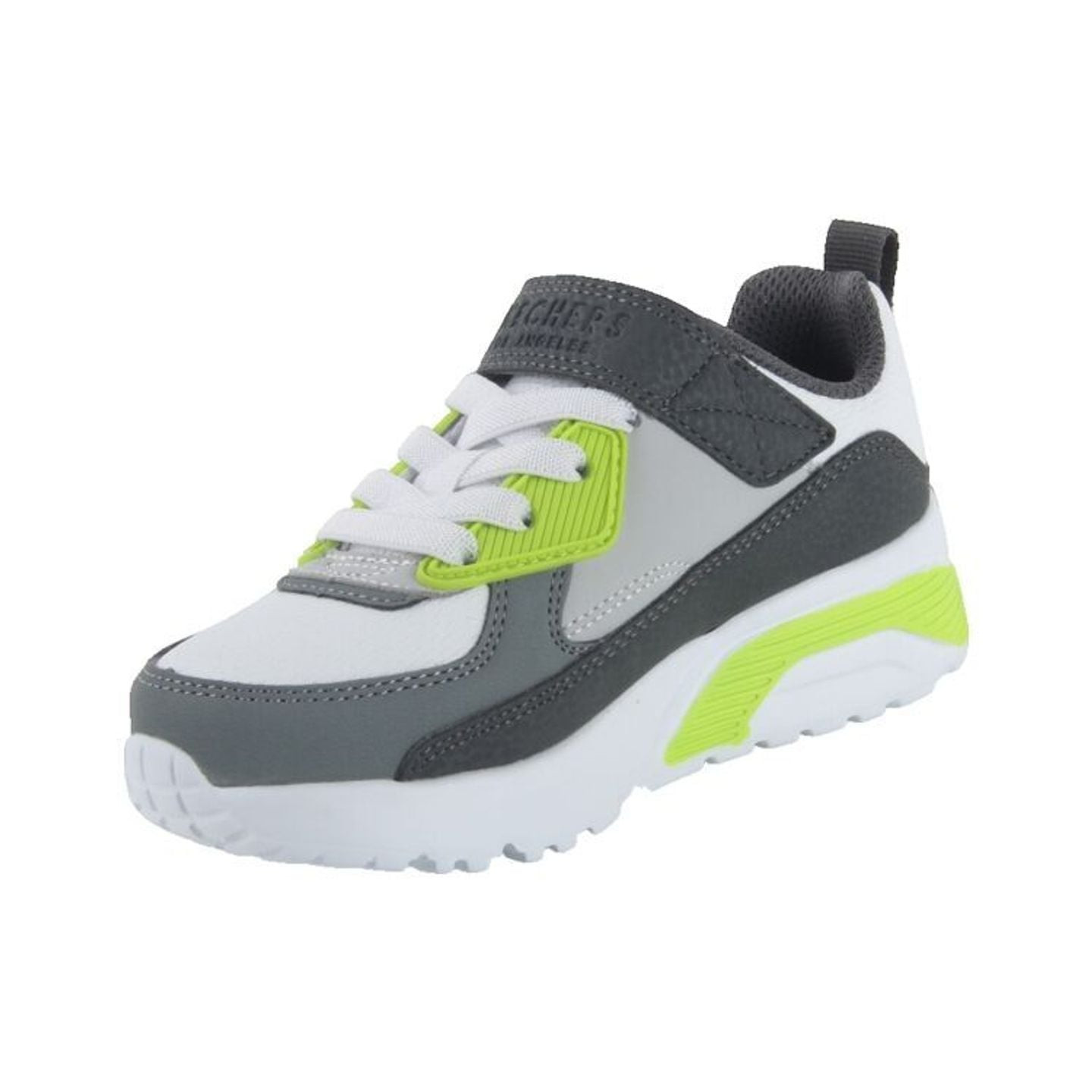 Basket enfant Skechers Uno Lite Revival Edge en blanc, gris et vert lime - vue de profil.