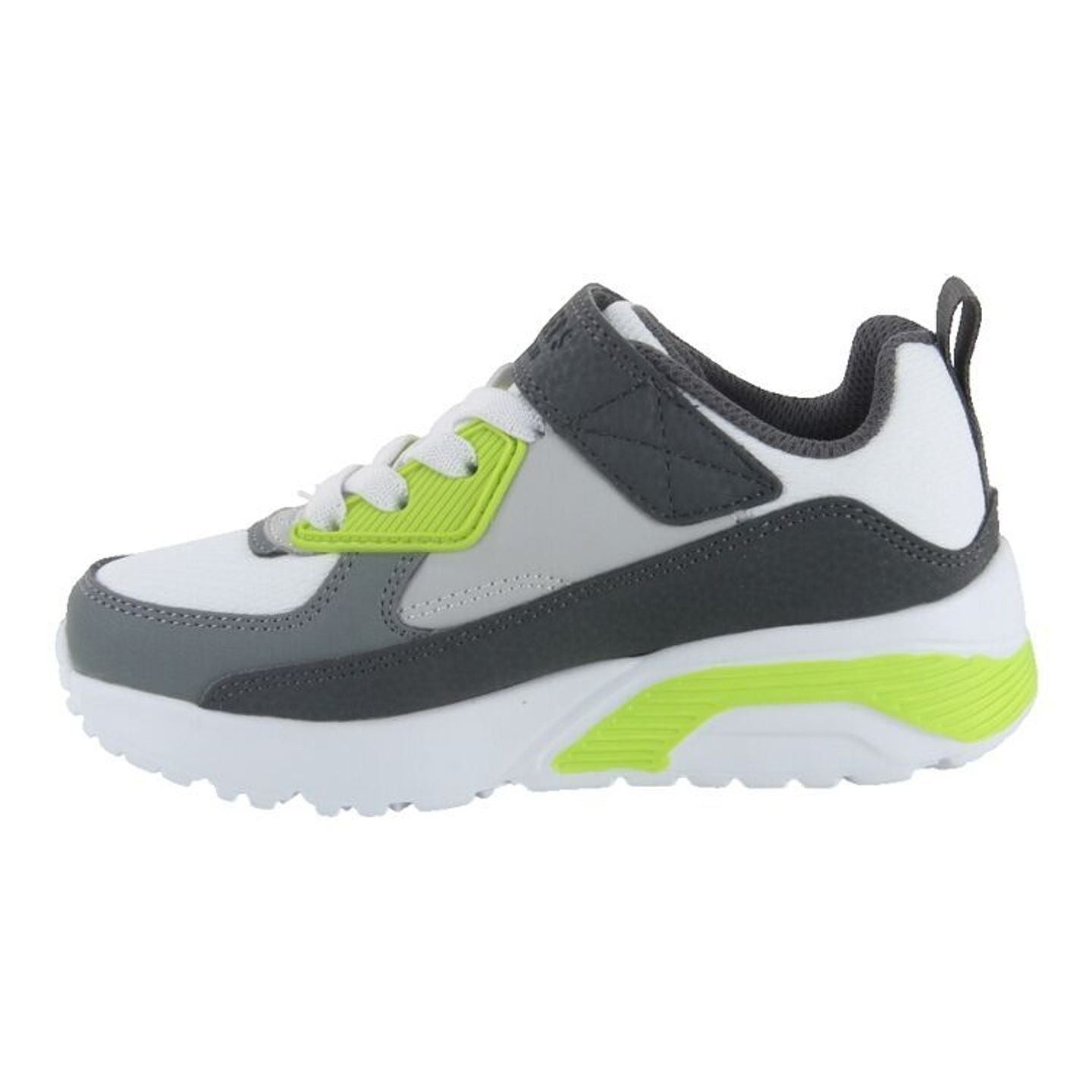 Basket enfant Skechers Uno Lite Revival Edge blanche, grise et vert citron - vue de côté en gros pla