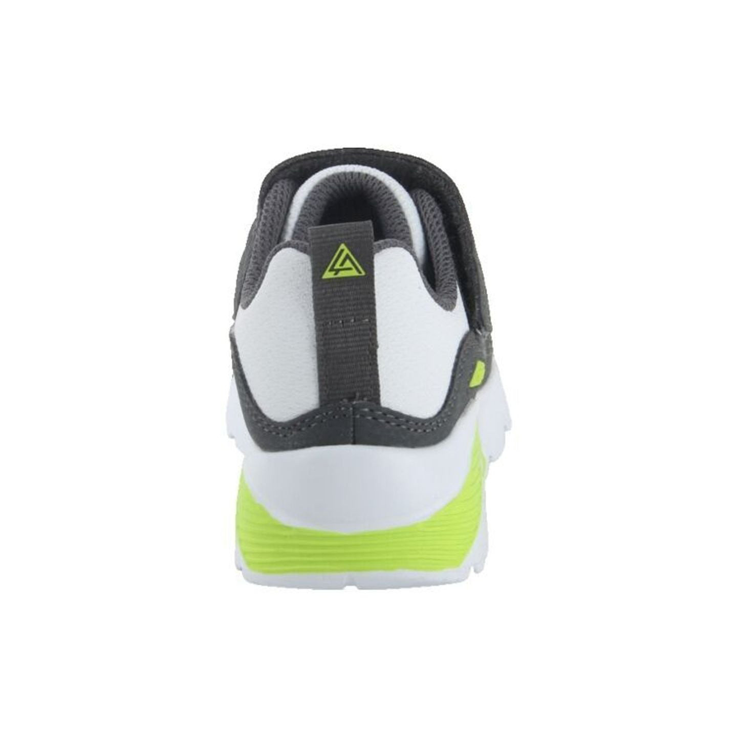 Basket enfant Skechers Uno Lite Revival Edge en blanc, gris et vert lime - vue de dessus arrière.