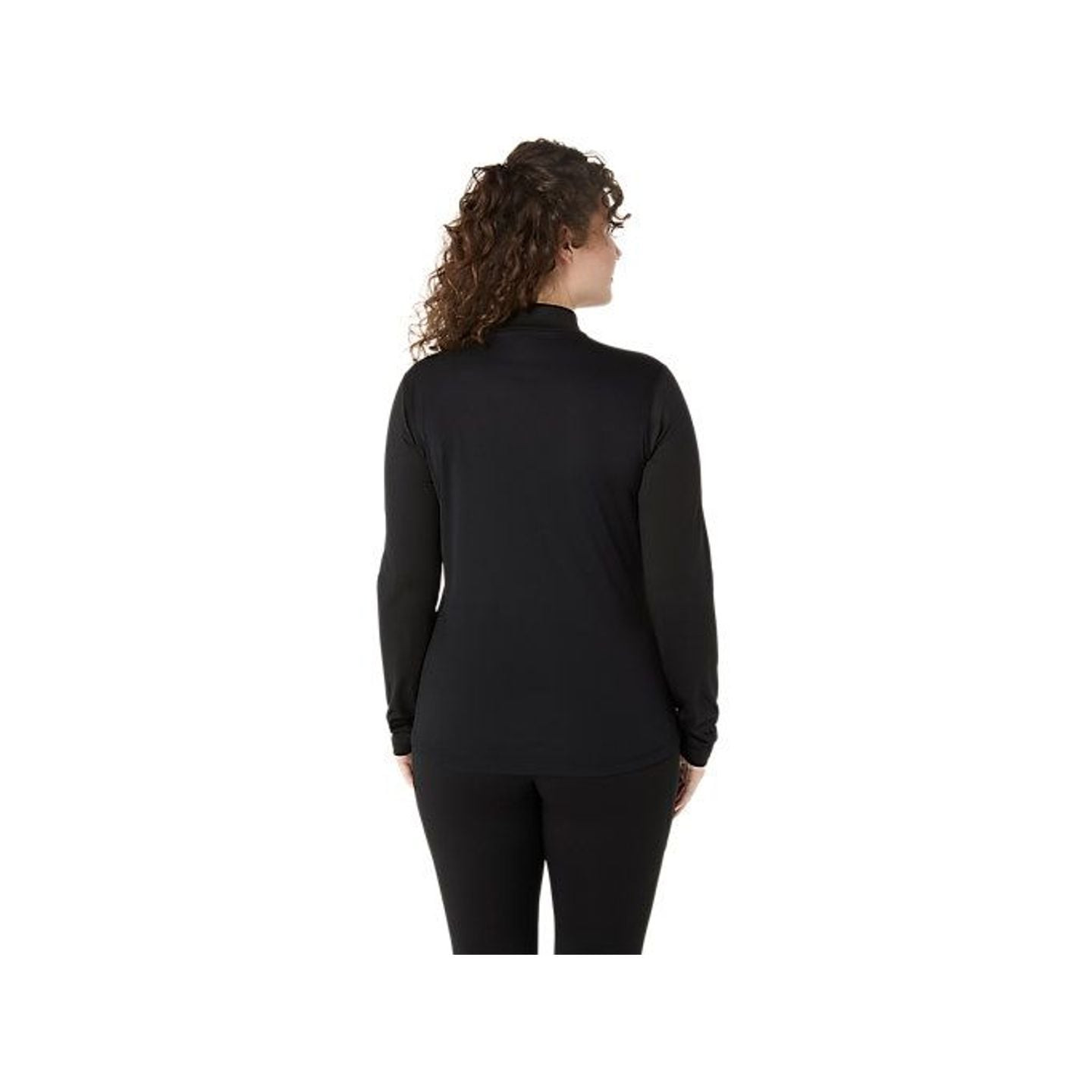 Vue de dos d'une femme portant le haut ASICS Core LS 1/2 Zip Winter noir, manches longues et col mon