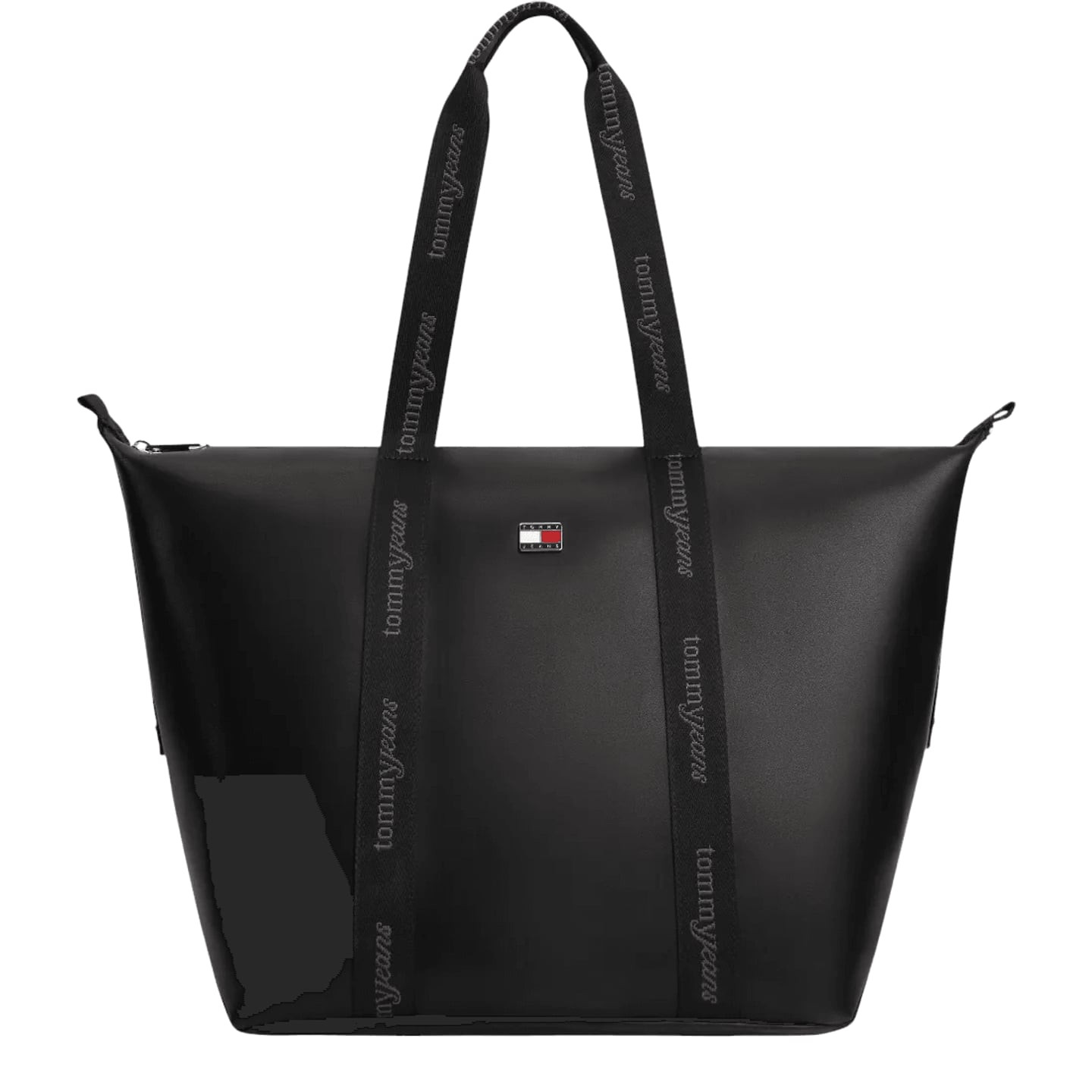 Grand sac tote noir Tommy Jeans, anses en sangle à logo répété et écusson drapeau avant