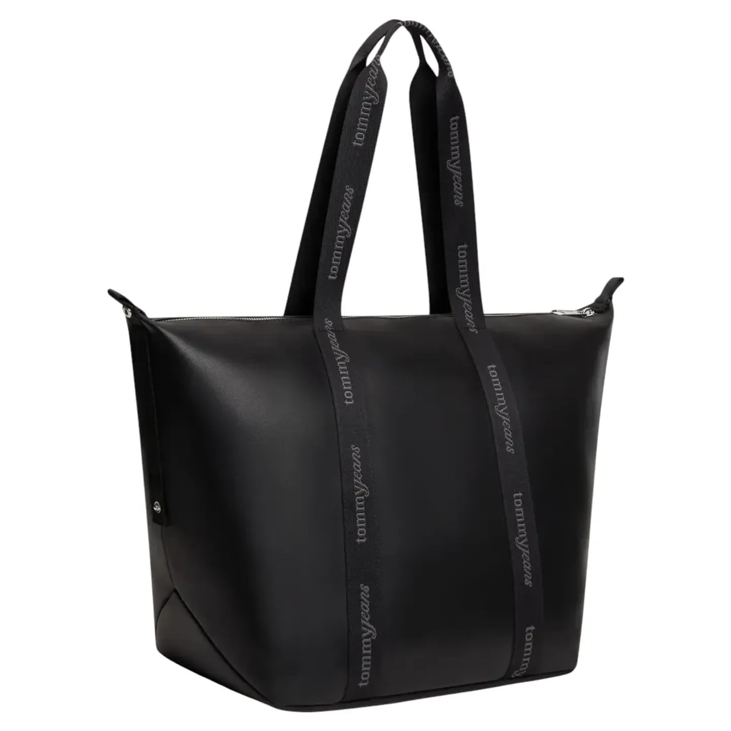 Sac tote Tommy Jeans noir ouvert, vu de biais, fermeture zippée et intérieur large
